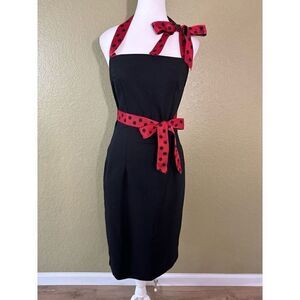 Trigger Finger M Retro Pin Up Halter Dress Black Red Polka Dot Ribbon Rockabilly